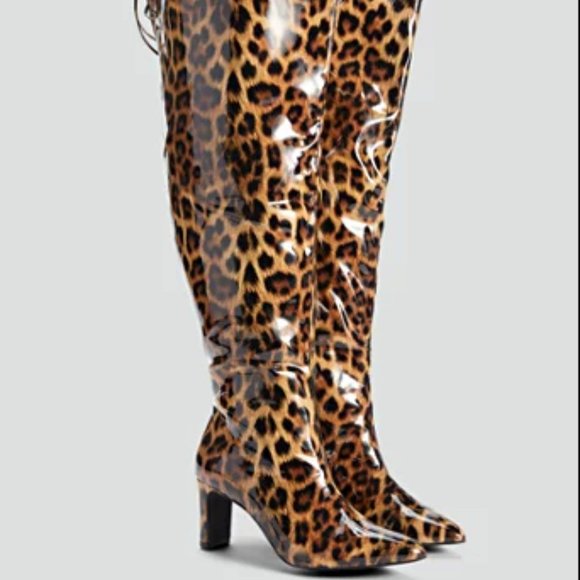 Leopard Print Vinyl Thigh High Boots 